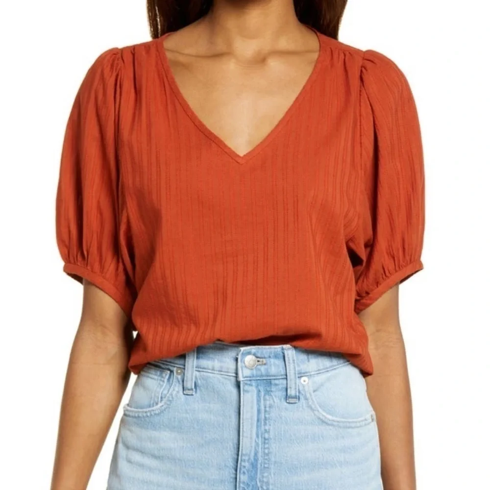 Madewell V-Neck Puff-Sleeve Top, XS, Textured Stripe/Rusty Torch B13